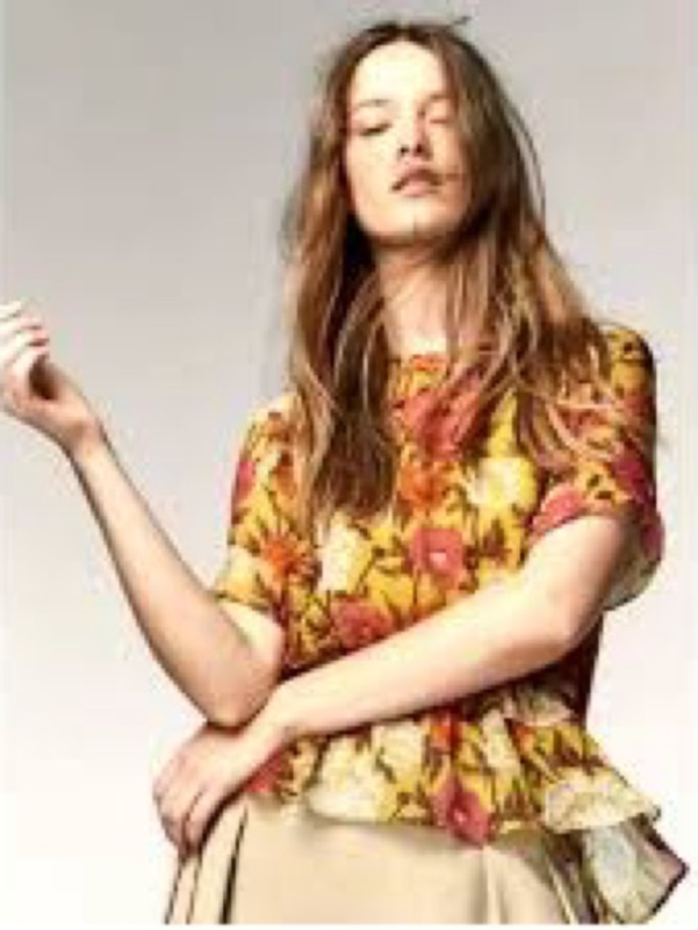 Massimo Dutti Yellow Floral Short-Sleeve Peplum Blouse
